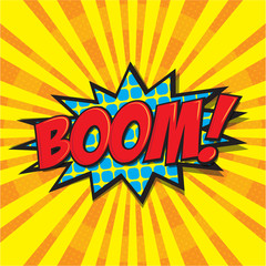 BOOM! wording in comic speech bubble in pop art style