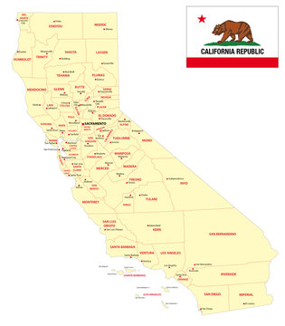 california administrative map with flag