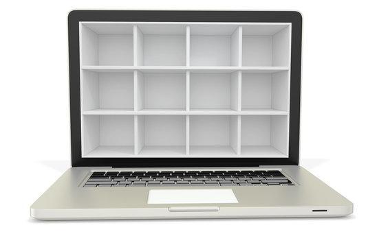 3d laptop computer with empty bookcase,shelves