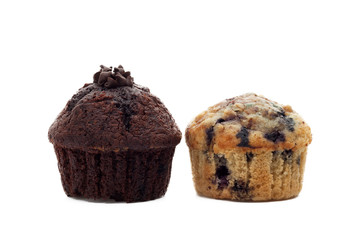 Blueberry and chocolate muffins on white
