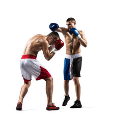 Two professionl boxers are fighting on the white