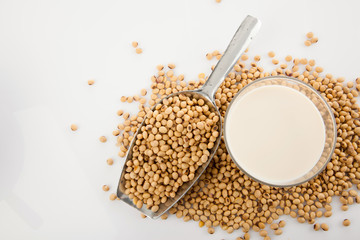 Soy milk in glass with soybeans and  transfer scoop