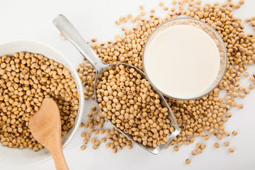 Soy milk in glass with soybeans