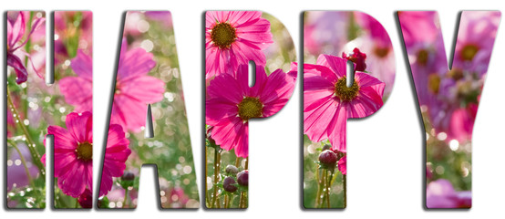 Happy text filled with pink flowers