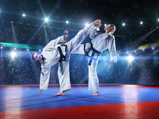Fototapeta na wymiar Two professional female karate fighters are fighting