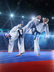 Fototapeta na wymiar Two professional female karate fighters are fighting