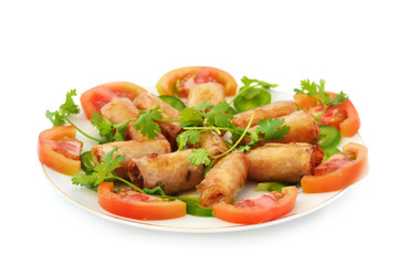 Plate of fried seafood spring rolls