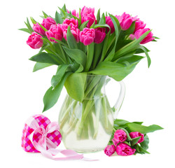 bouquet of multicolored   tulip flowers in white pot
