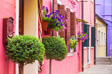 Painted houses decorated with flowers in Italy