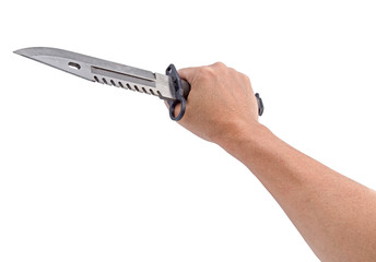 the hand holding Army green   military knife isolated w