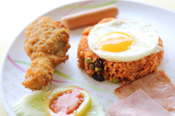 American Fried rice breakfast set on wood background