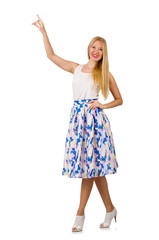 Fototapeta premium Woman pressing virtual button isolated on white