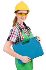 Woman with toolkit isolated on white