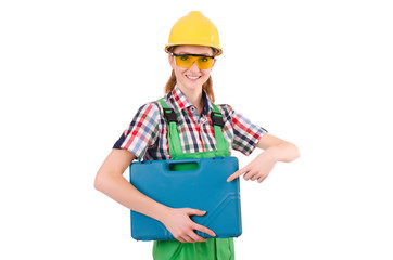 Woman with toolkit isolated on white
