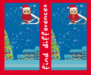 Winter card with cute owl , find the differences