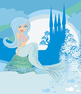 Illustration of a Beautiful mermaid,castle and fish