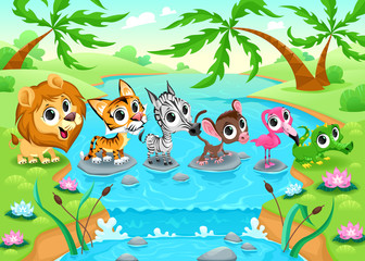 Naklejka premium Funny animals in the jungle