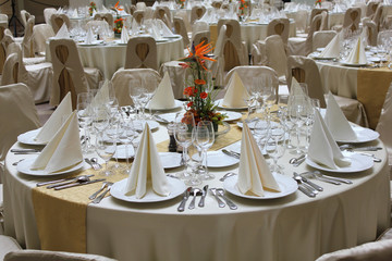 restaurant tables set for business event