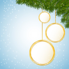 christmas newy year gold ball banner with fir branch - obrazy, fototapety, plakaty