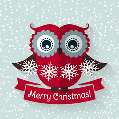 Christmas card with flat owl and ribbon. Vector illustration.