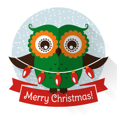 Christmas card with cute owl and a garland. Vector illustration.