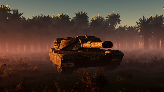 old rusted tank and sun in desert