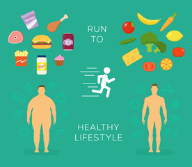 Running to Healthy Lifestyle Flat Vector Card or Infographic