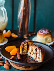 sectional view Cinnabon cinnamon rolls prunes, almonds and manda