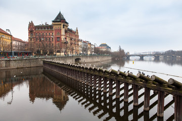 View of monuments from the river in Prague.