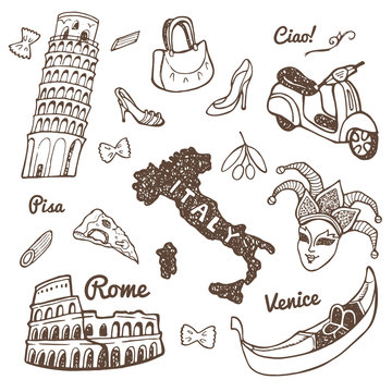 Hand drawn Italy symbols and landmarks set.