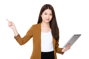 Asian Woman use of tablet and finger up