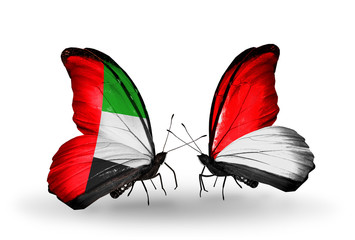 Two butterflies with flags UAE and Monaco or Indonesia