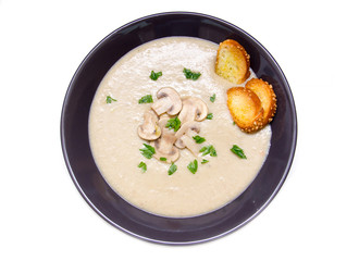 Cream of mushrooms on plate on white background top view
