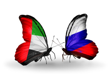 Two butterflies with flags UAE and Russia