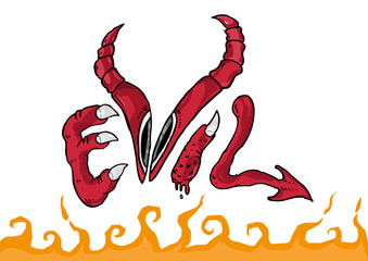 Evil Drawing Text Conceptual Symbol with Hellfire
