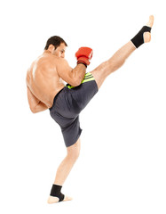 Muay thai trainer executing a kick