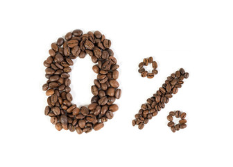 0% of caffeine. Non caffeinated coffee beans sign. White backgro
