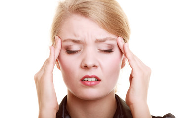 Headache. Woman suffering from head pain isolated.