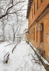 Winter park covered with white snow