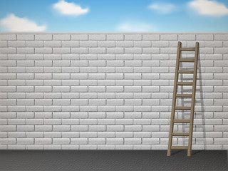 ladder leans on white brick wall