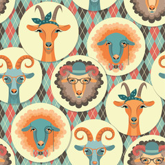 Vector illustration of goat and sheep, symbol of 2015.Seamless p