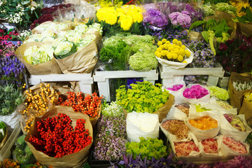 multitude of color flowers at the wholesale market