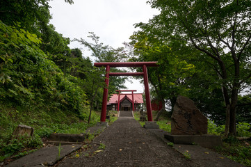 Fototapeta na wymiar Japanese red shinto shrine by the coast in Shakotan.