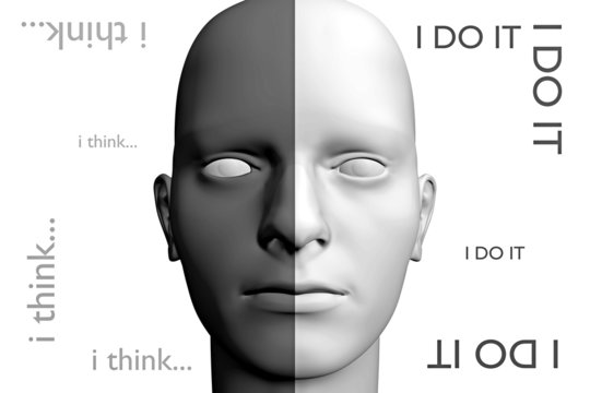 menschlicher Kopf, rechts dunkelgrau, links weiß, vor weißem Hintergrund:  I DO IT & i think ... / aus Gedanken Taten werden lassen