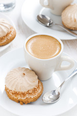 fresh cappuccino and cakes, top view