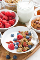 homemade muesli with fresh berries, yogurt, vertical, top view