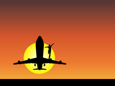 Man silhouette with plane at sunset © high_resolution