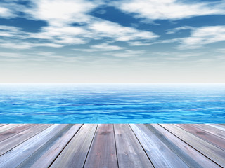 Fototapeta premium Conceptual wood deck over sea and sky