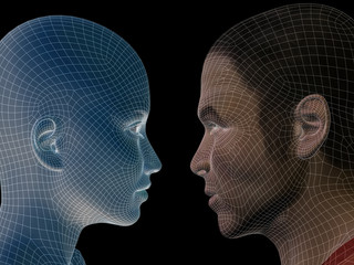 Conceptual wireframe mesh man woman face