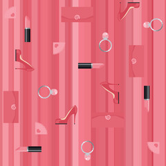 Pink flat striped seamless background with fashion goods